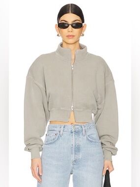 AGOLDE Asta Oversize Crop Zip Bomber jacket Sweatshirt in Light Gray